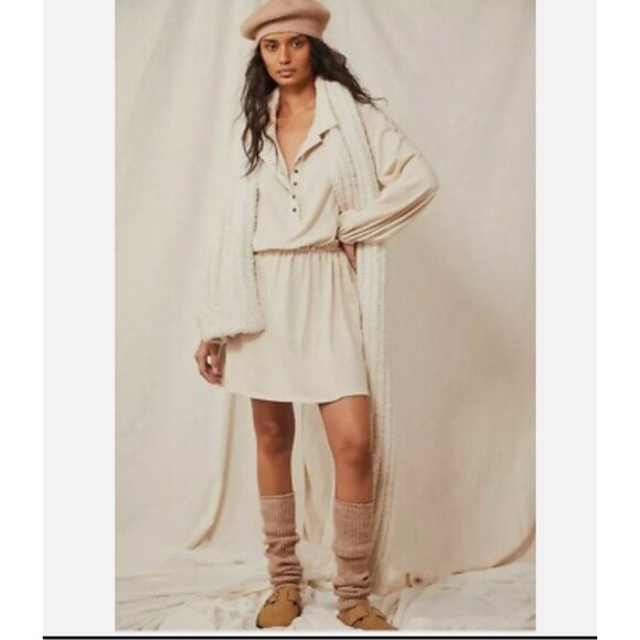 Free People Beach Matilda Mini Dress Small Natural Ivory Long Sleeve Linen NWT - Picture 1 of 6